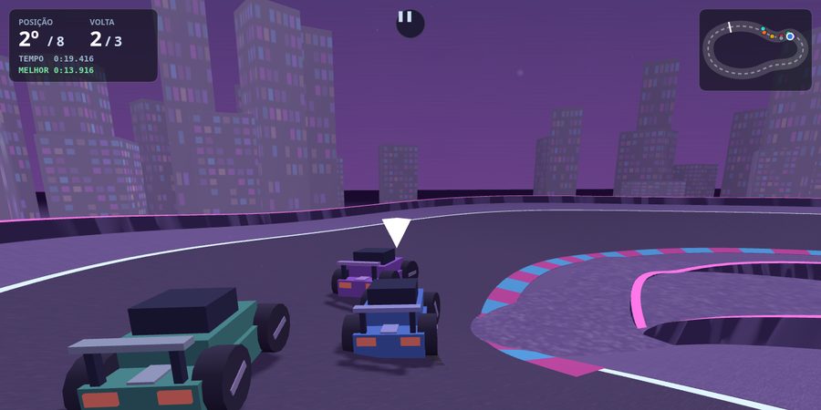 Corrida em terceira pessoa no circuito Cidade Neon, com prédios iluminados ao fundo.